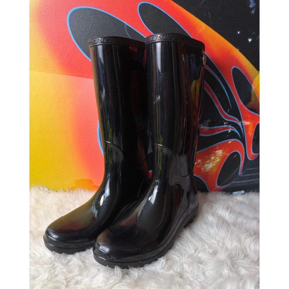 UGG Australia Black Glossy Tall Rain Boots Waterproof Rubber Womens 7 USA Made